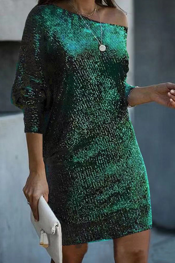 JO | Solid Sequins Off-shoulder Loose Mini Dress