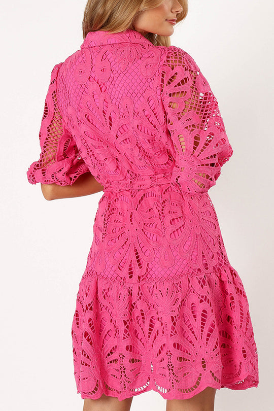 JO | Solid color lace neckline balloon sleeves and waist tie mini dress