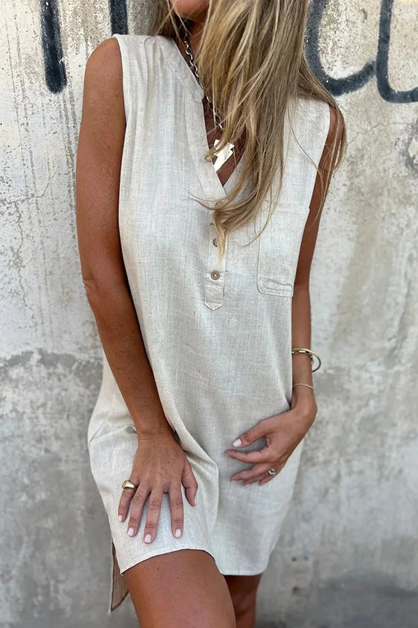 JO | Solid Color Sleeveless V-Neck Casual Pocket Mini Dress
