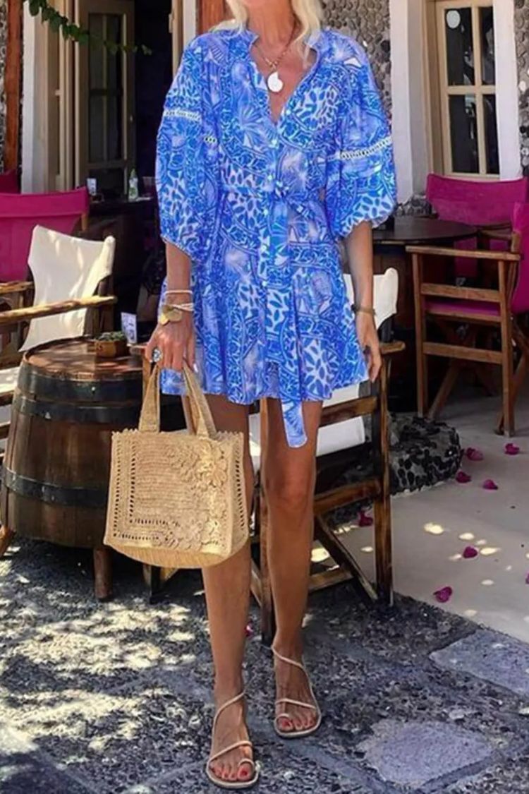 JO | Fashion Stand Up Collar Shift Printed Resort Mini Dress