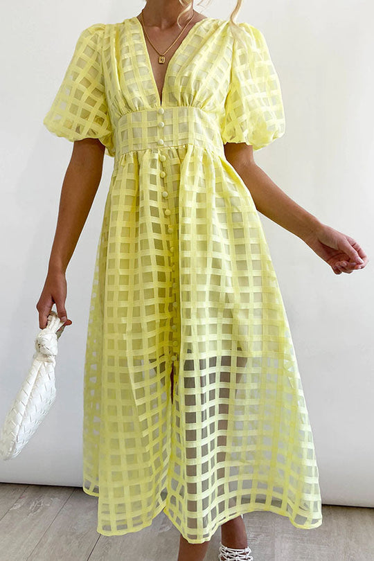 JO | Remarkable Beauty Square Patterned Fabric Puff Sleeve Party Midi Dress