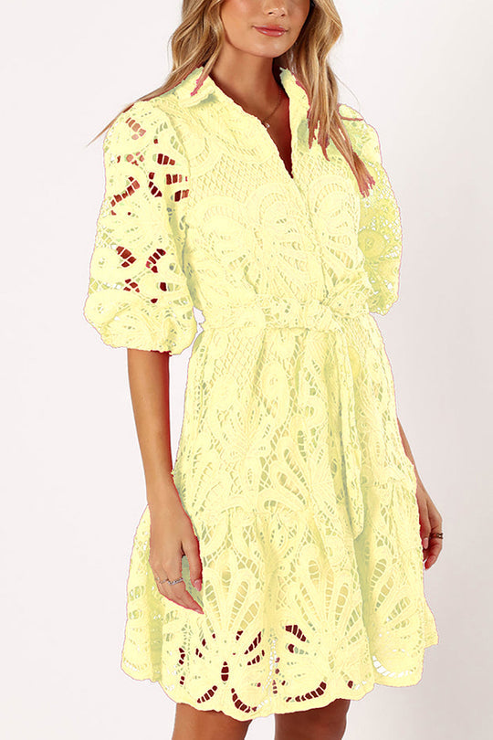 JO | Solid color lace neckline balloon sleeves and waist tie mini dress