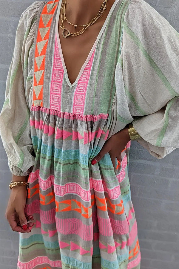 JO | Whisked Away Geometric Color Block Printed A-Line Midi Dress