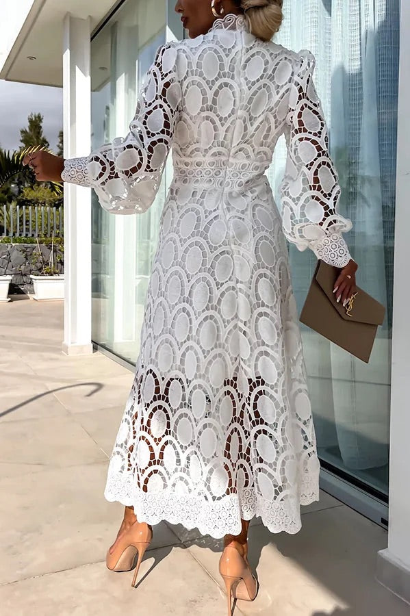 JO | Romantic, Sensual and Elegant Crochet Lace Lantern Sleeve Party Midi Dress