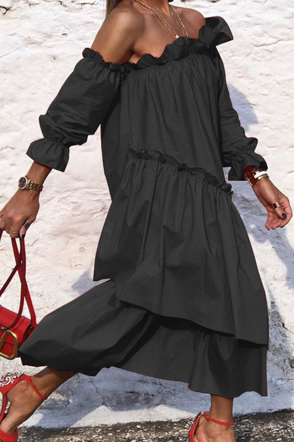 JO | Fionna Off Shoulder Ruffle Irregular Trim Loose Midi Dress