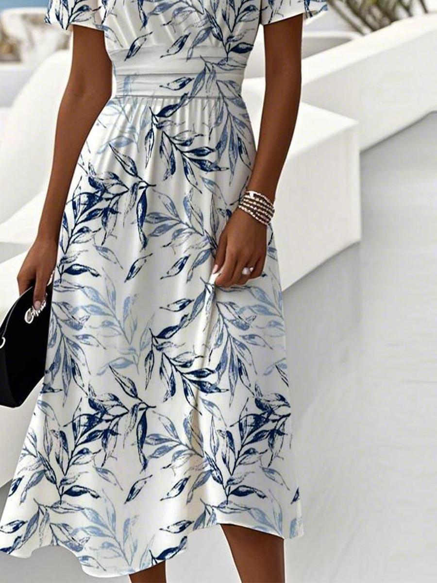 JO | Trendy plant print V-neck short sleeve midi dress
