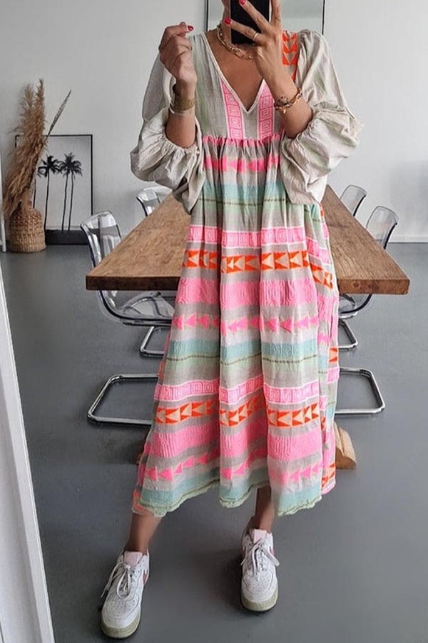 JO | Pink striped midi dress with Greek key and orange necklace