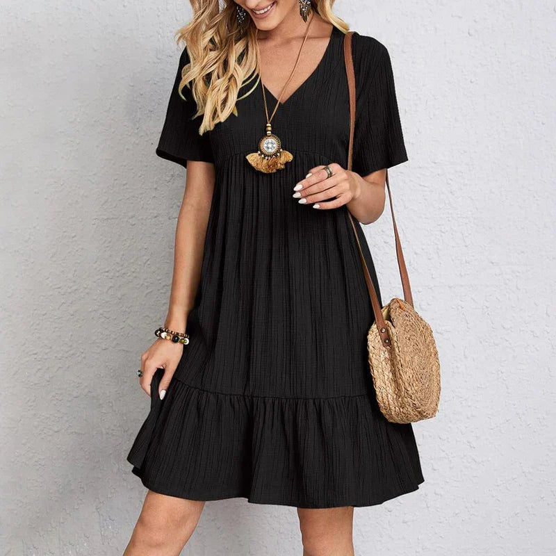 JO | Summer Solid Dress Women Casual Bohemian V Neck Short Sleeve Ruffle Loose A Line Mini Dress for Elegant Beach Days