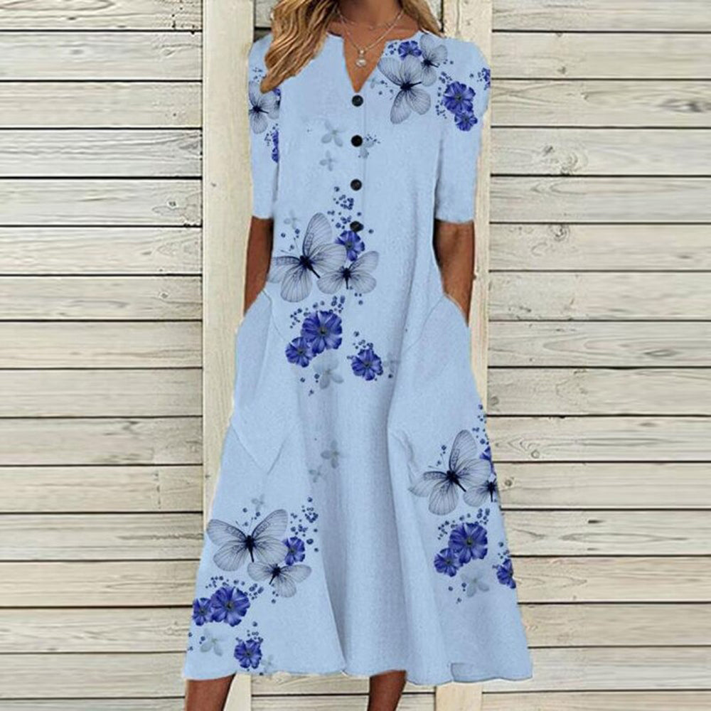 JO | Women's midi dress - V-neck - button placket - short sleeves - floral butterfly print - pockets