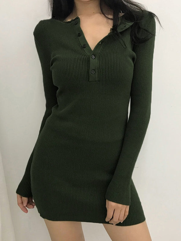 JO | button placket ribbed knit long sleeve mini dress