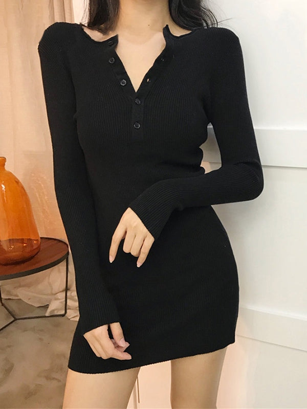JO | button placket ribbed knit long sleeve mini dress