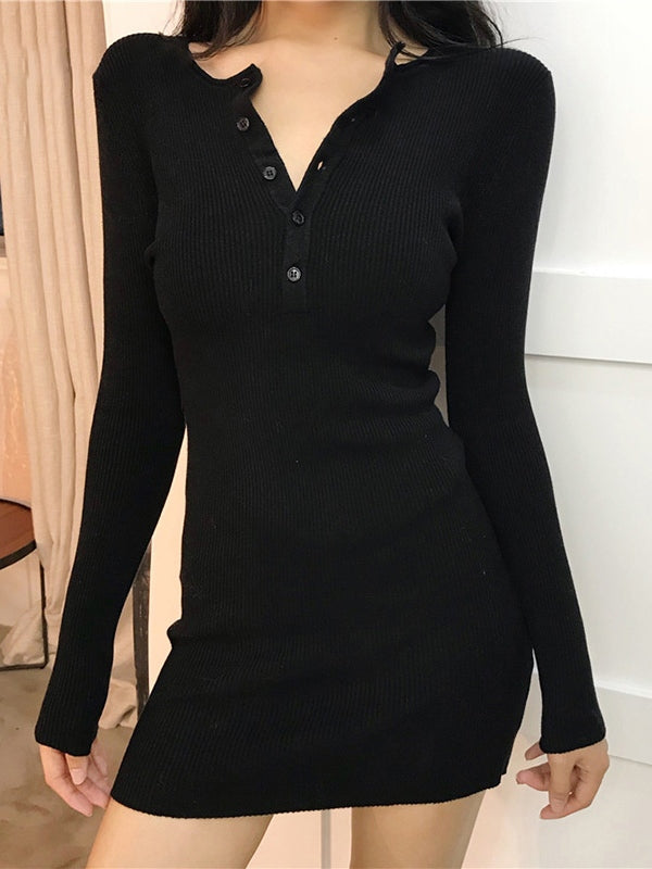JO | button placket ribbed knit long sleeve mini dress
