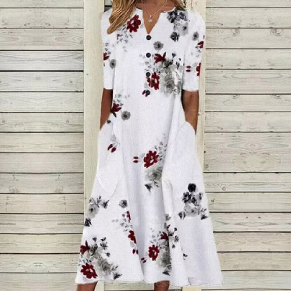 JO | Women's midi dress - V-neck - button placket - short sleeves - floral butterfly print - pockets