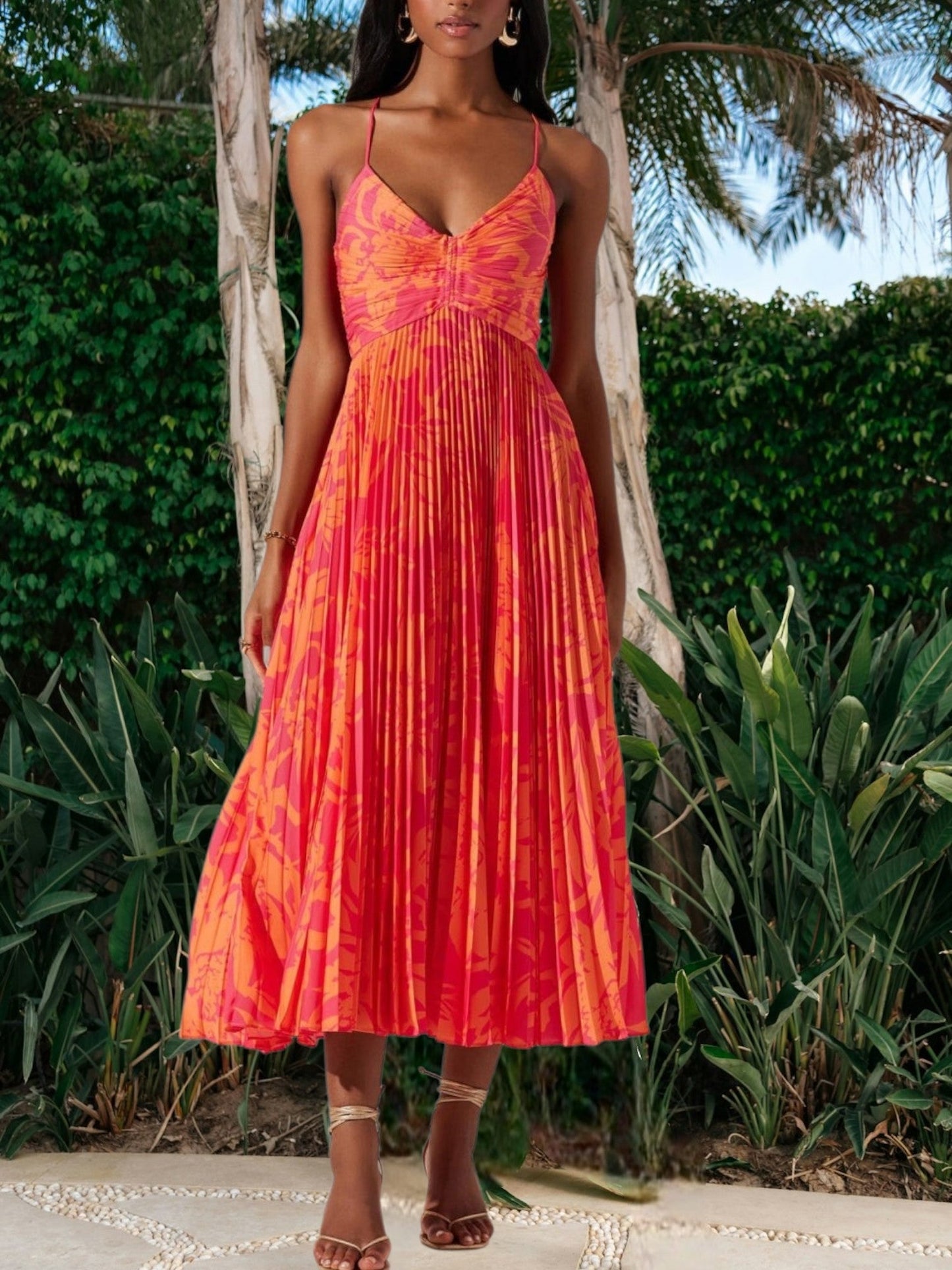 JO | Elegant midi dress for women with floral print, pleats and breathable fabric