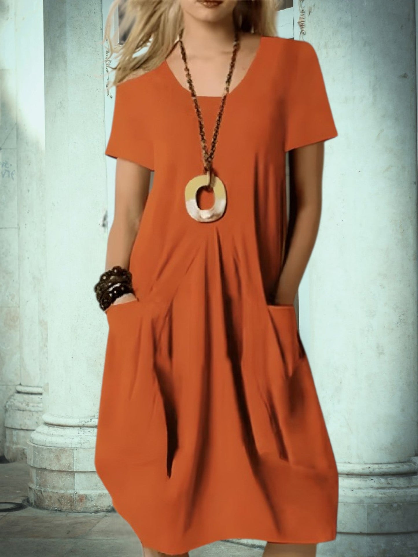 JO | Women's summer midi dress with round neckline and pockets