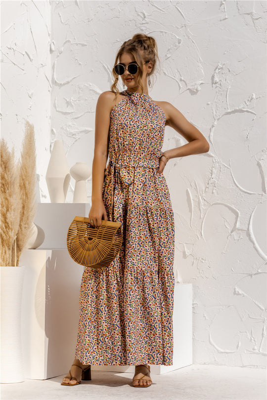 JO | Maxi dress with tie belt and colorful polka dot pattern