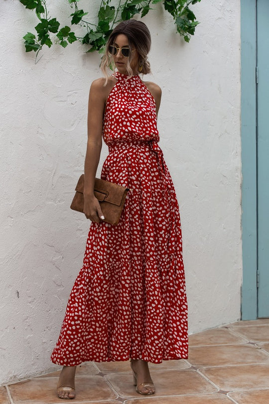 JO | Maxi dress with tie belt and colorful polka dot pattern