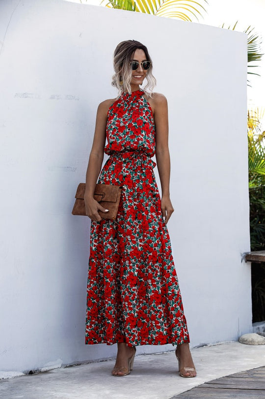 JO | Maxi dress with tie belt and colorful polka dot pattern