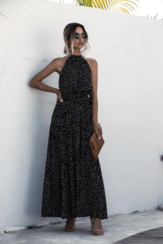 JO | Maxi dress with tie belt and colorful polka dot pattern