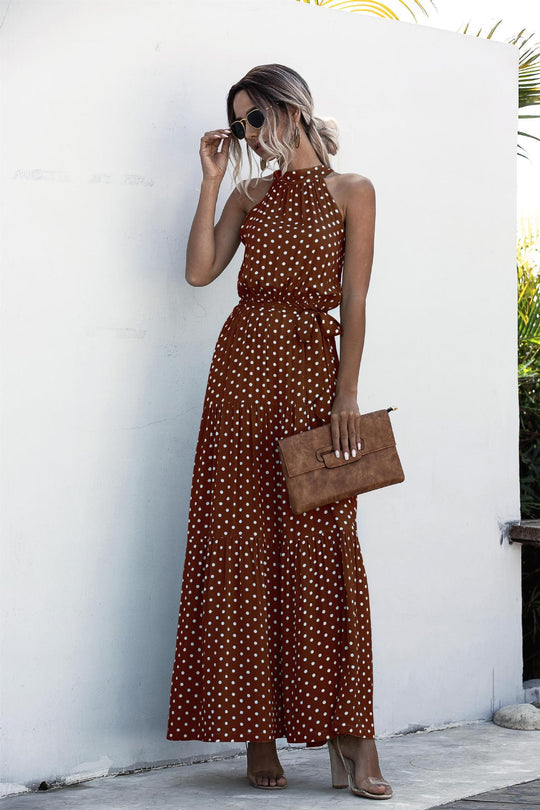 JO | Maxi dress with tie belt and colorful polka dot pattern