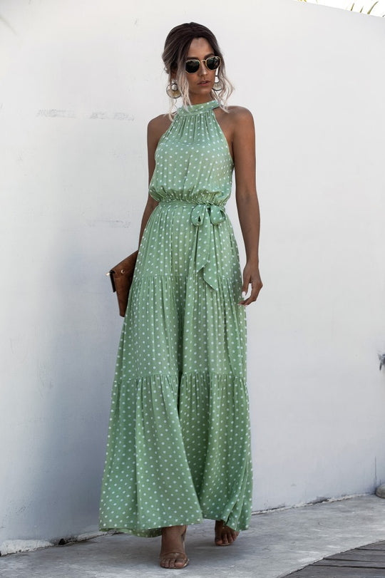 JO | Maxi dress with tie belt and colorful polka dot pattern