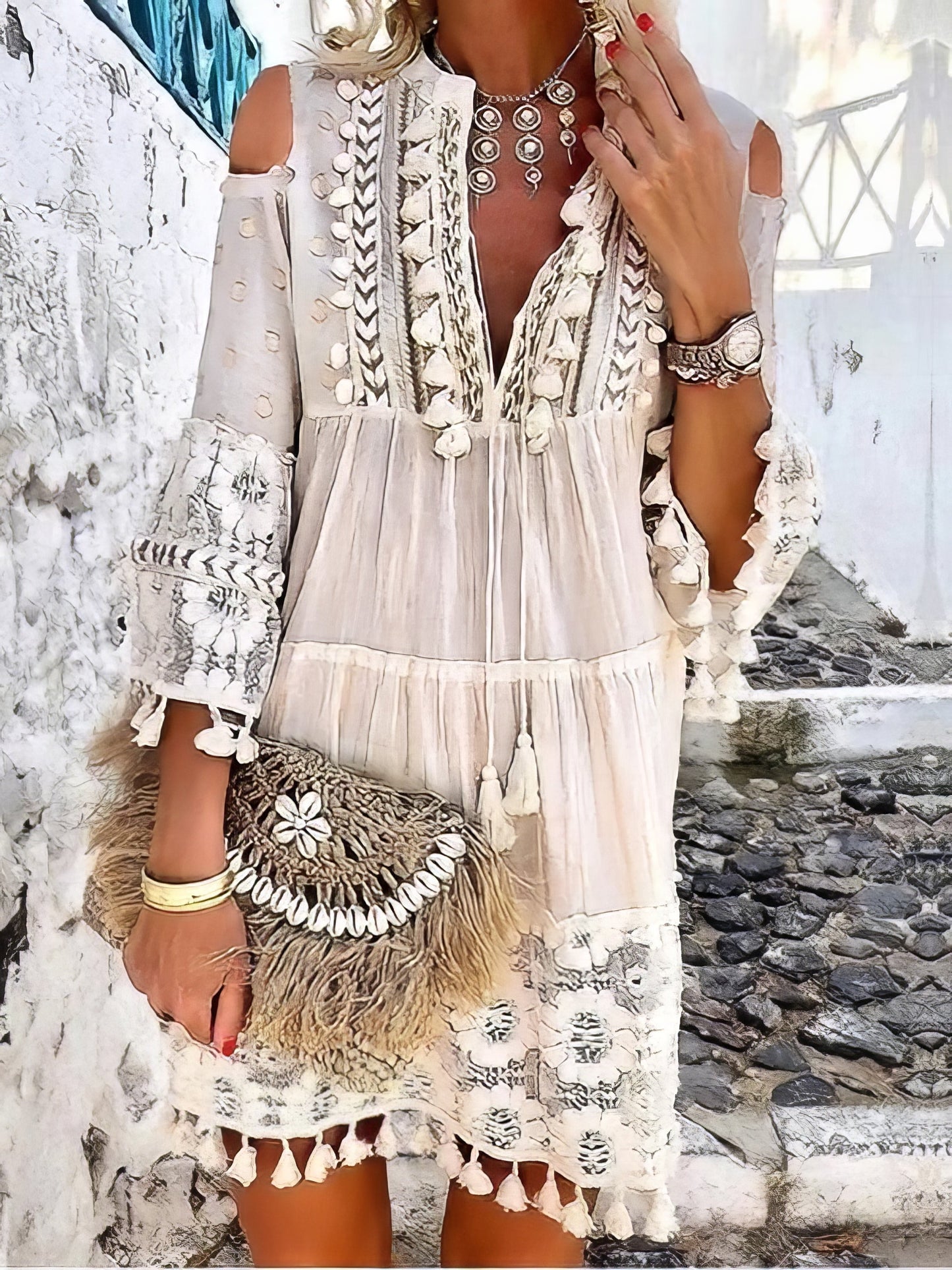 JO | Fashion V-neck lace fringed mini dress