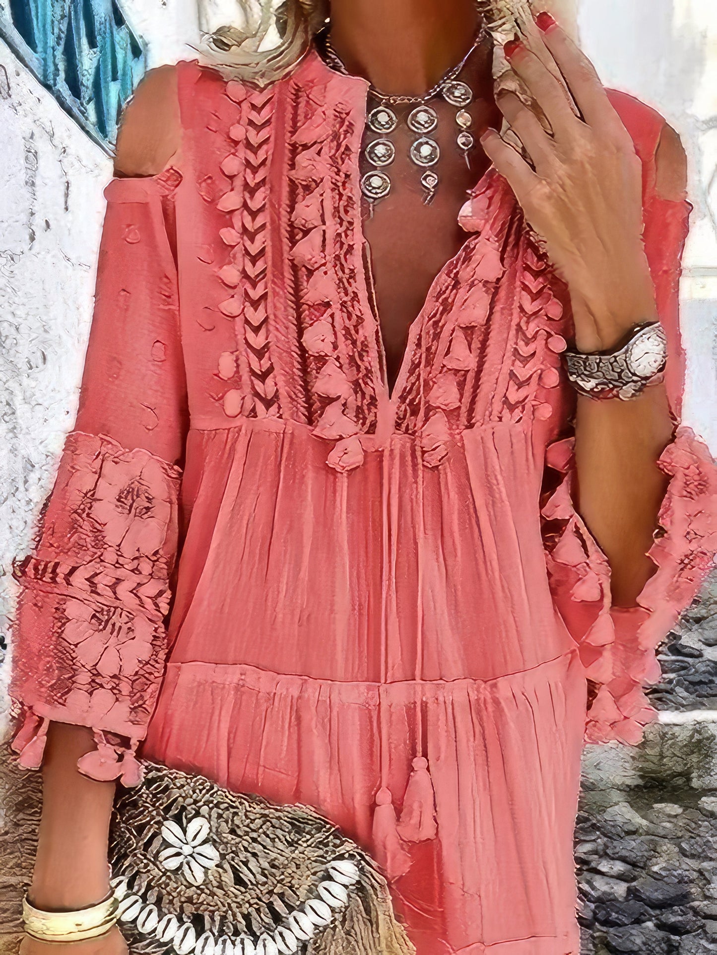 JO | Fashion V-neck lace fringed mini dress