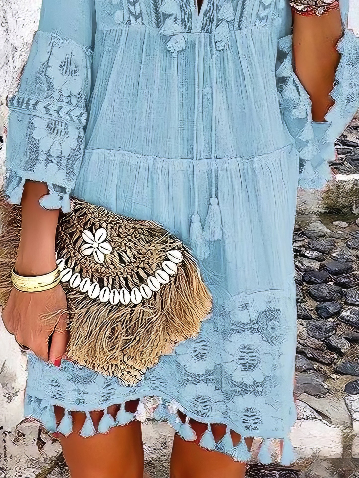 JO | Fashion V-neck lace fringed mini dress