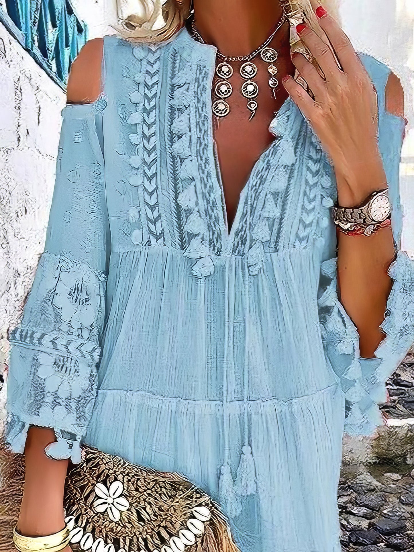 JO | Fashion V-neck lace fringed mini dress