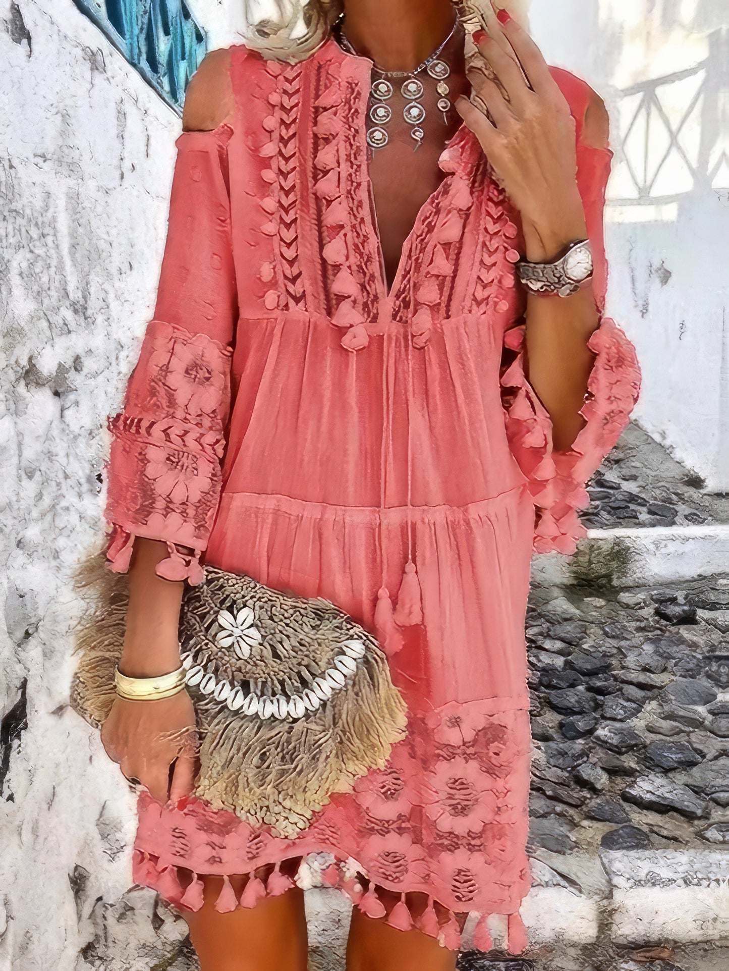 JO | Fashion V-neck lace fringed mini dress