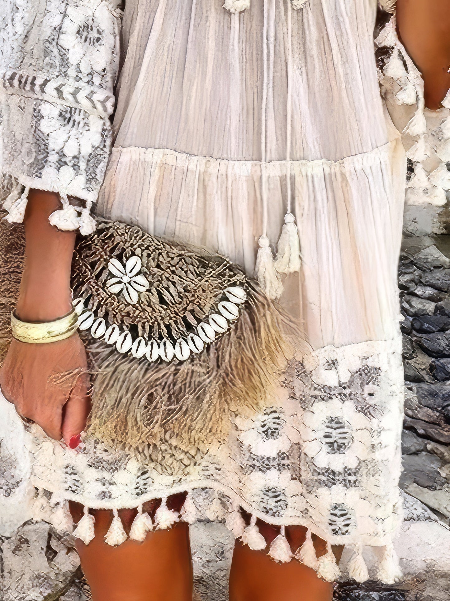 JO | Fashion V-neck lace fringed mini dress