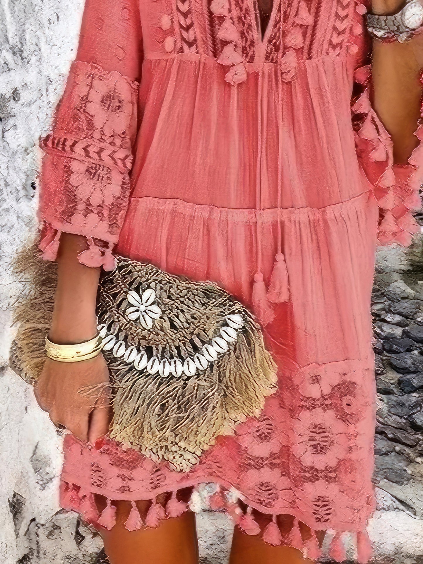 JO | Fashion V-neck lace fringed mini dress