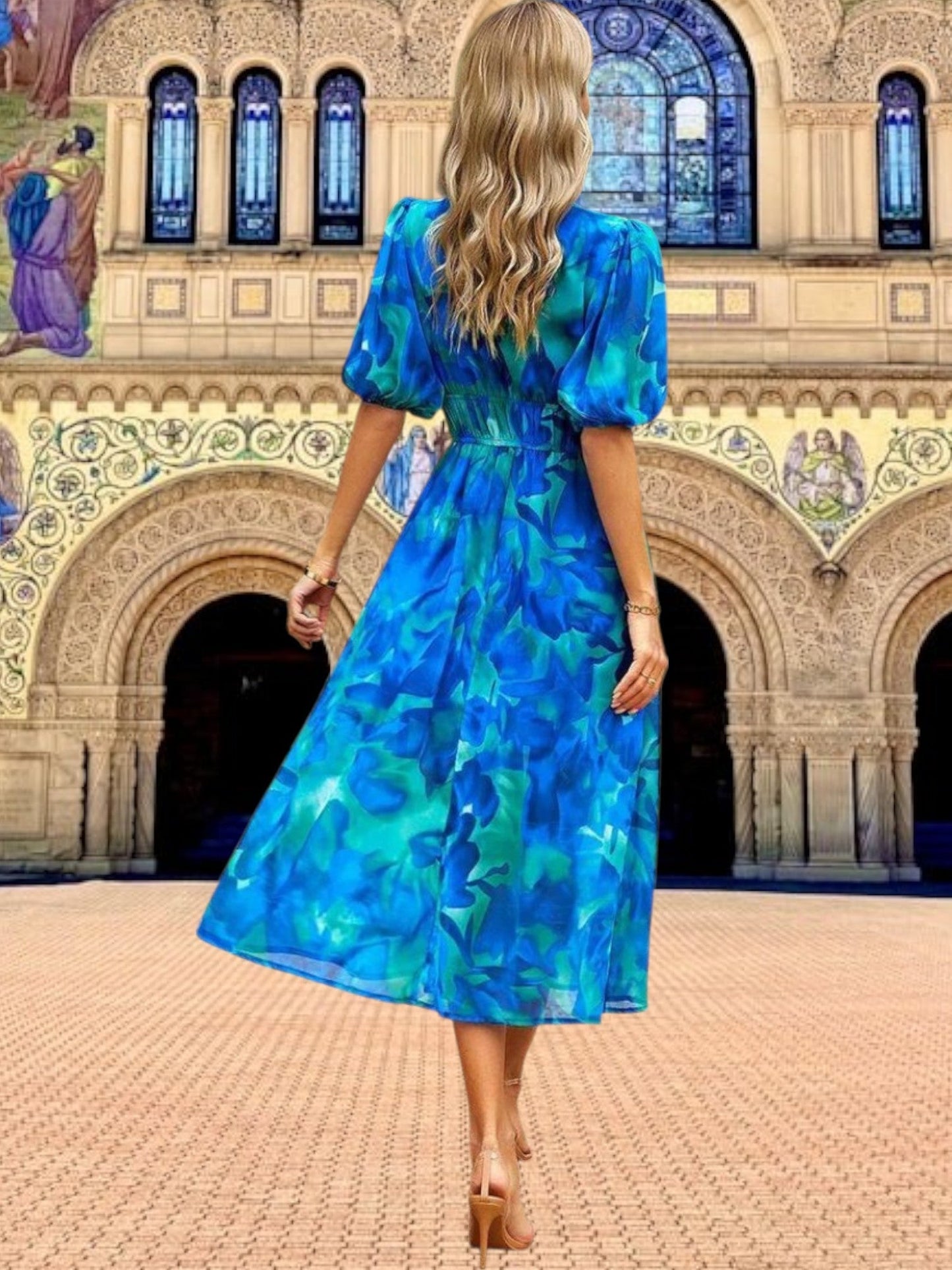 JO | Floral midi dress with puff sleeves