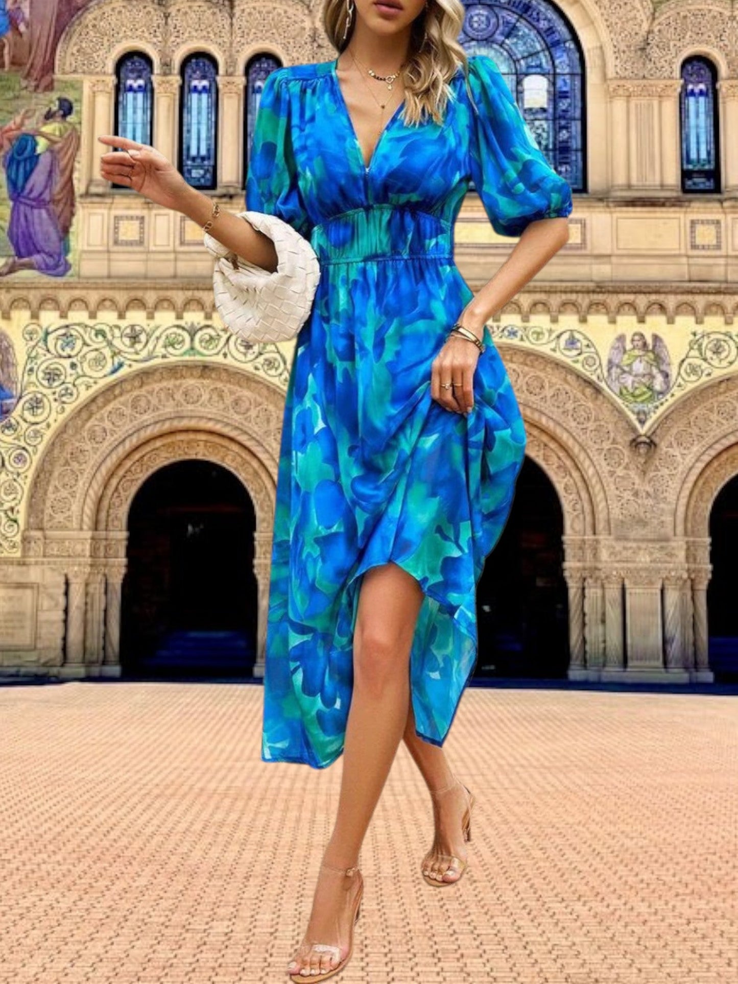 JO | Floral midi dress with puff sleeves