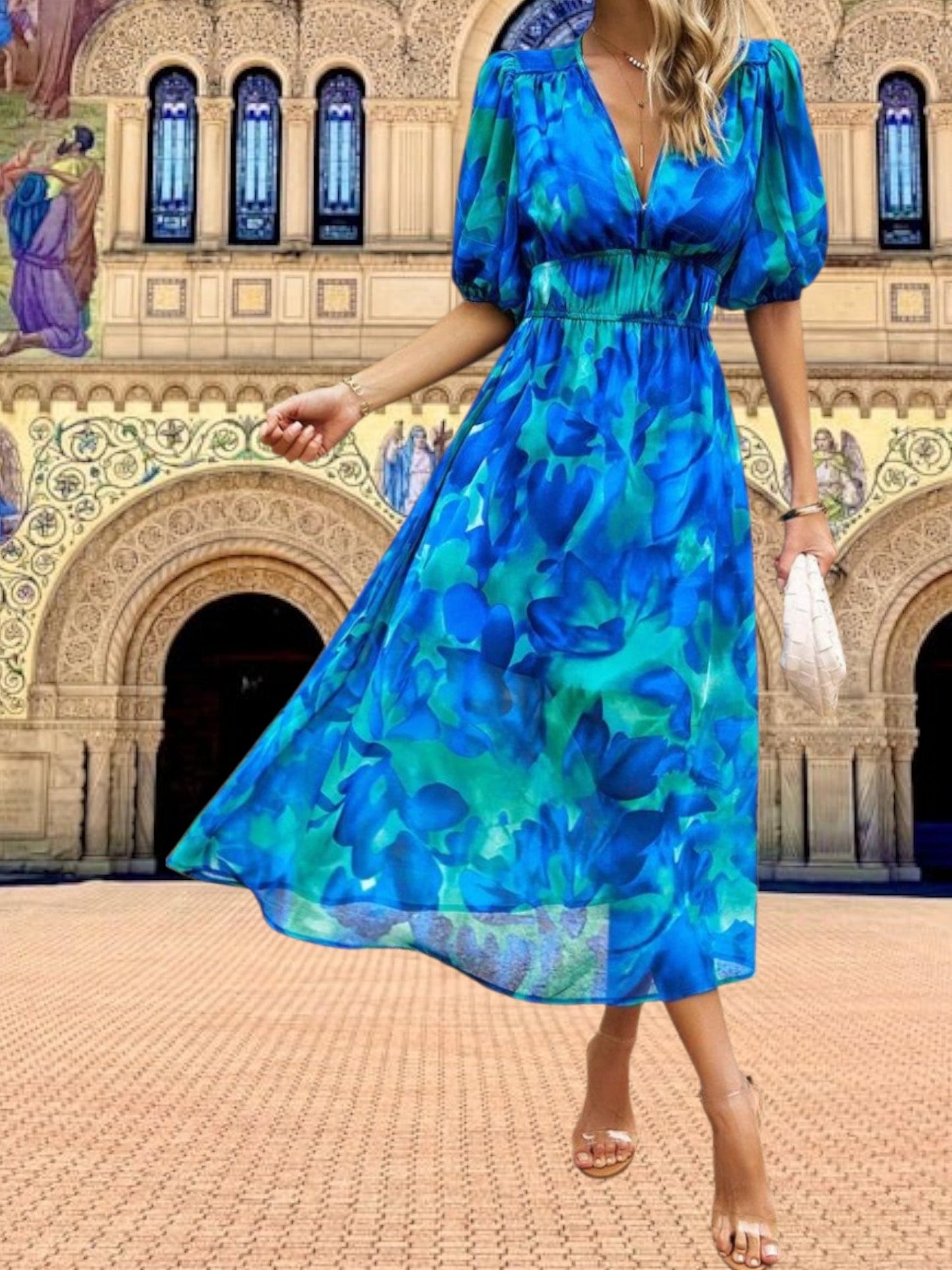 JO | Floral midi dress with puff sleeves