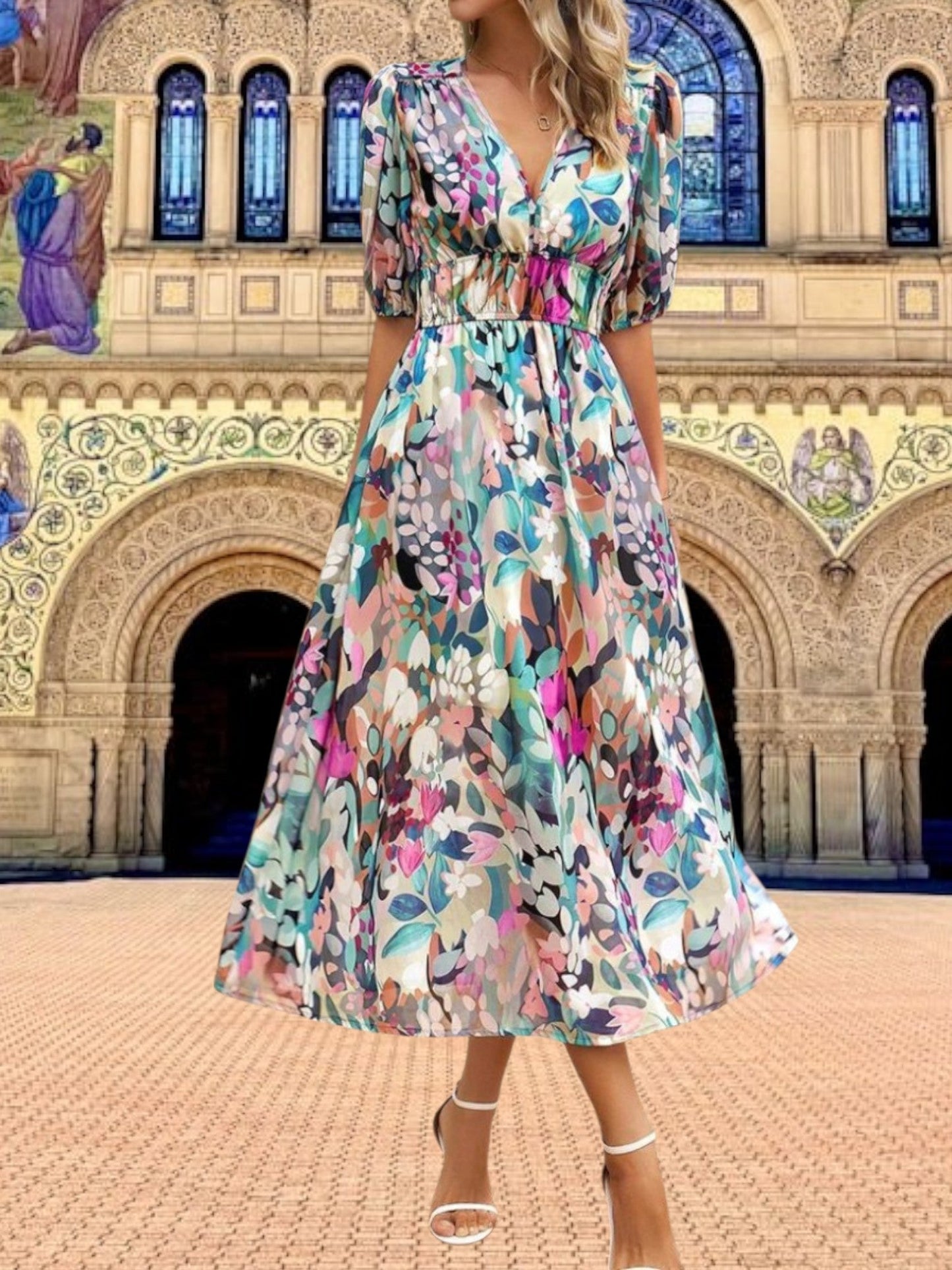 JO | Floral midi dress with puff sleeves