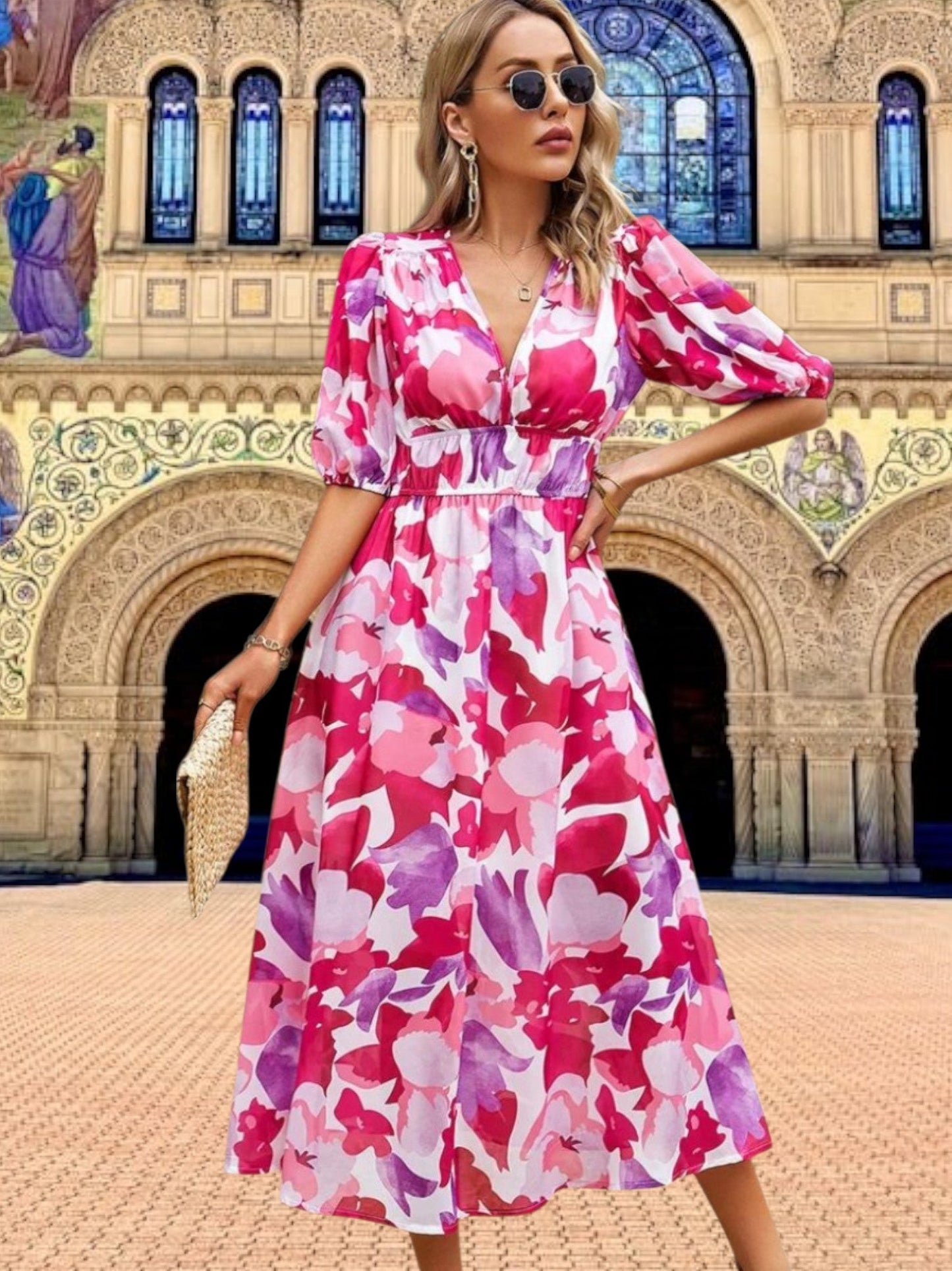 JO | Floral midi dress with puff sleeves