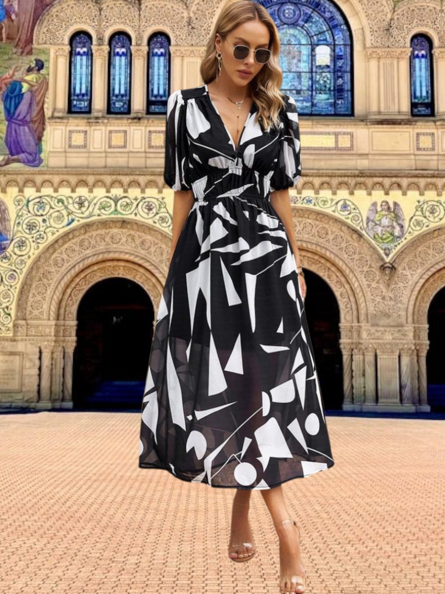 JO | Floral midi dress with puff sleeves