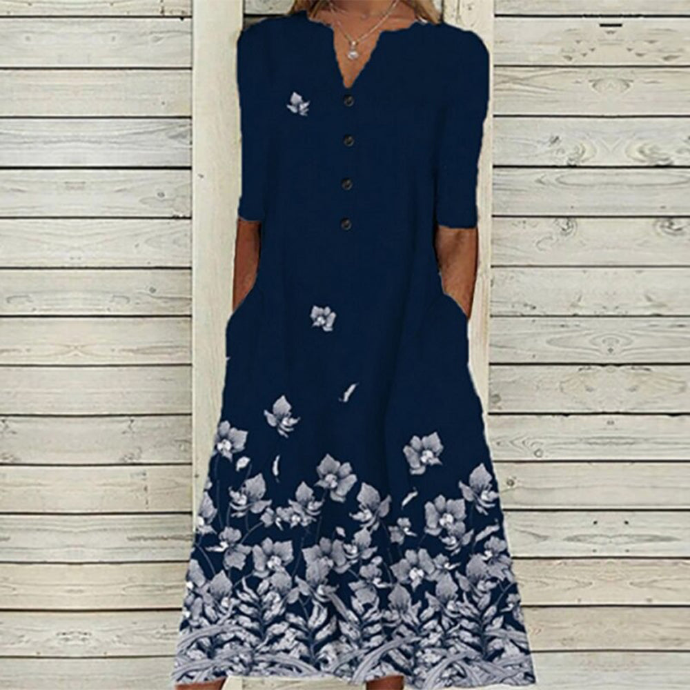 JO | Women's midi dress - V-neck - button placket - short sleeves - floral butterfly print - pockets
