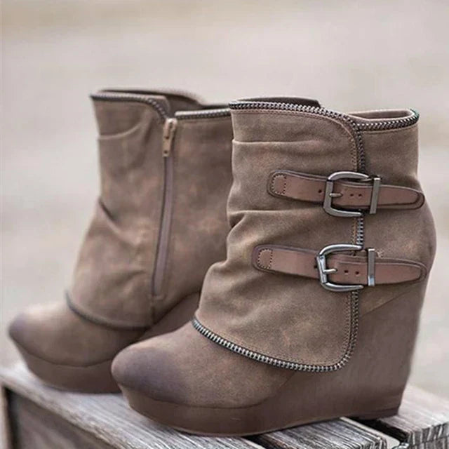 JO | suede wedge ankle boots with buckled straps