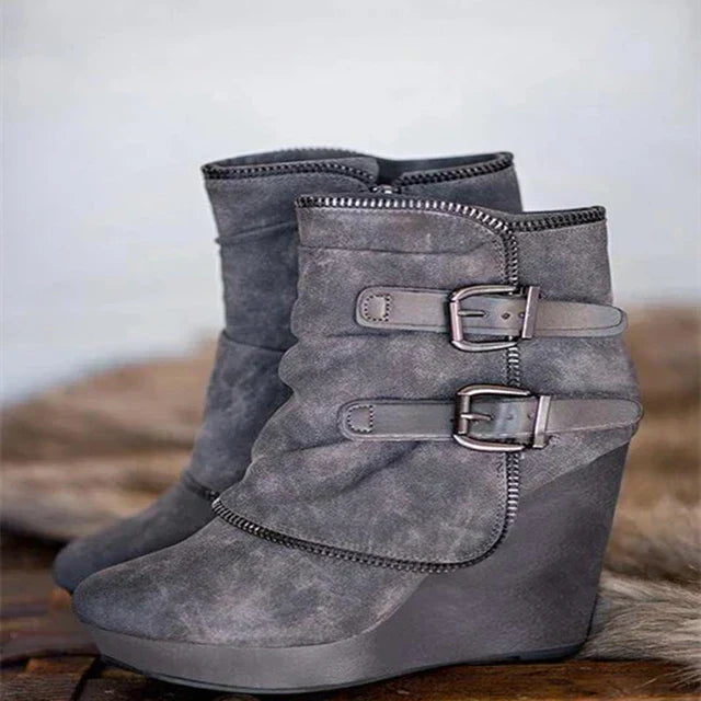 JO | suede wedge ankle boots with buckled straps