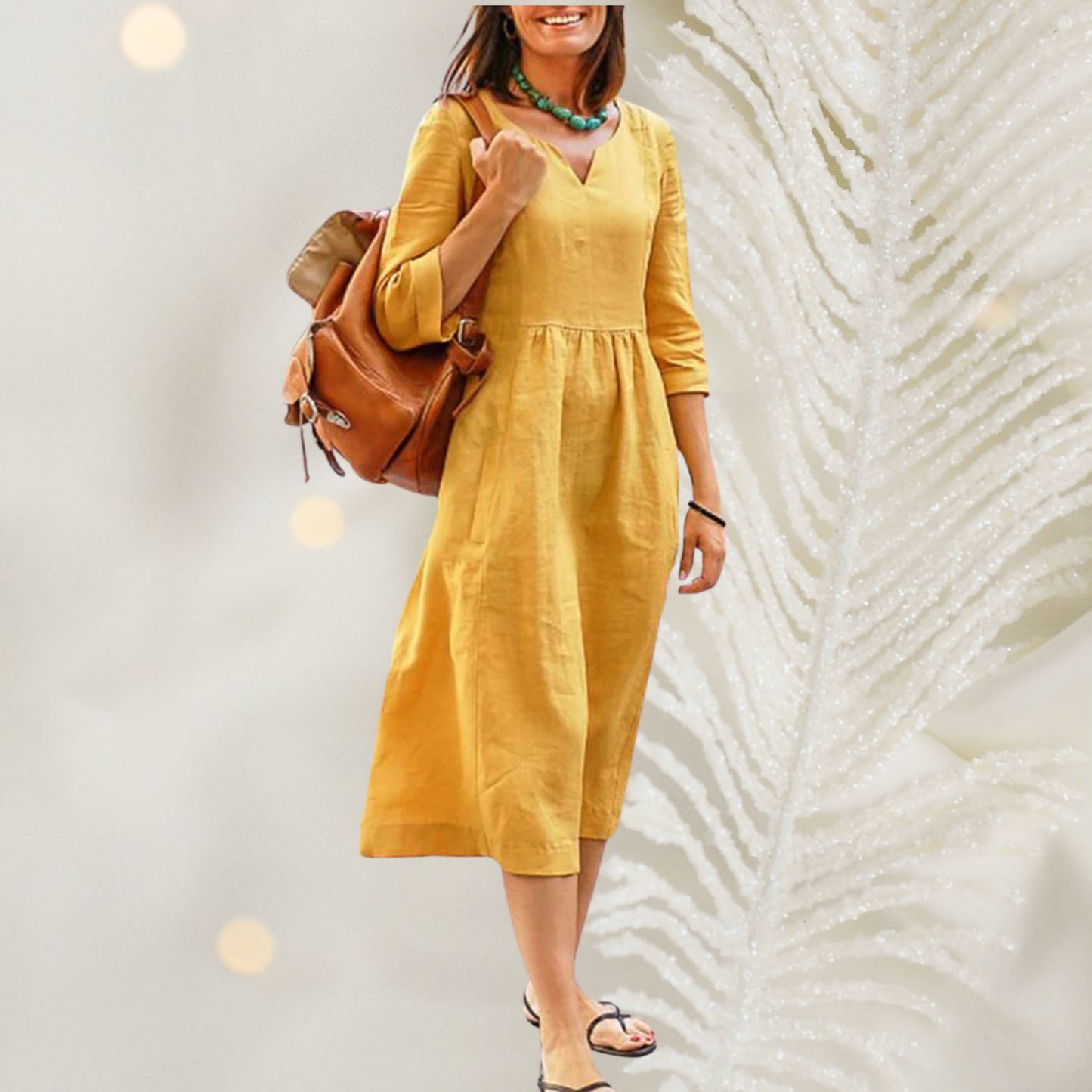 JO | Women's midi dress with V-neck and ribbed waist - airy, elegant for spring and summer