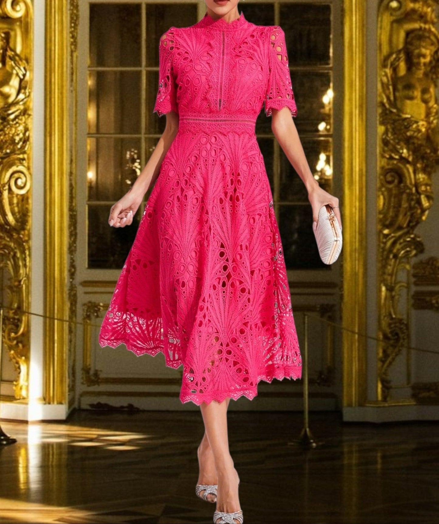 JO | Lace midi dress with flattering round neckline