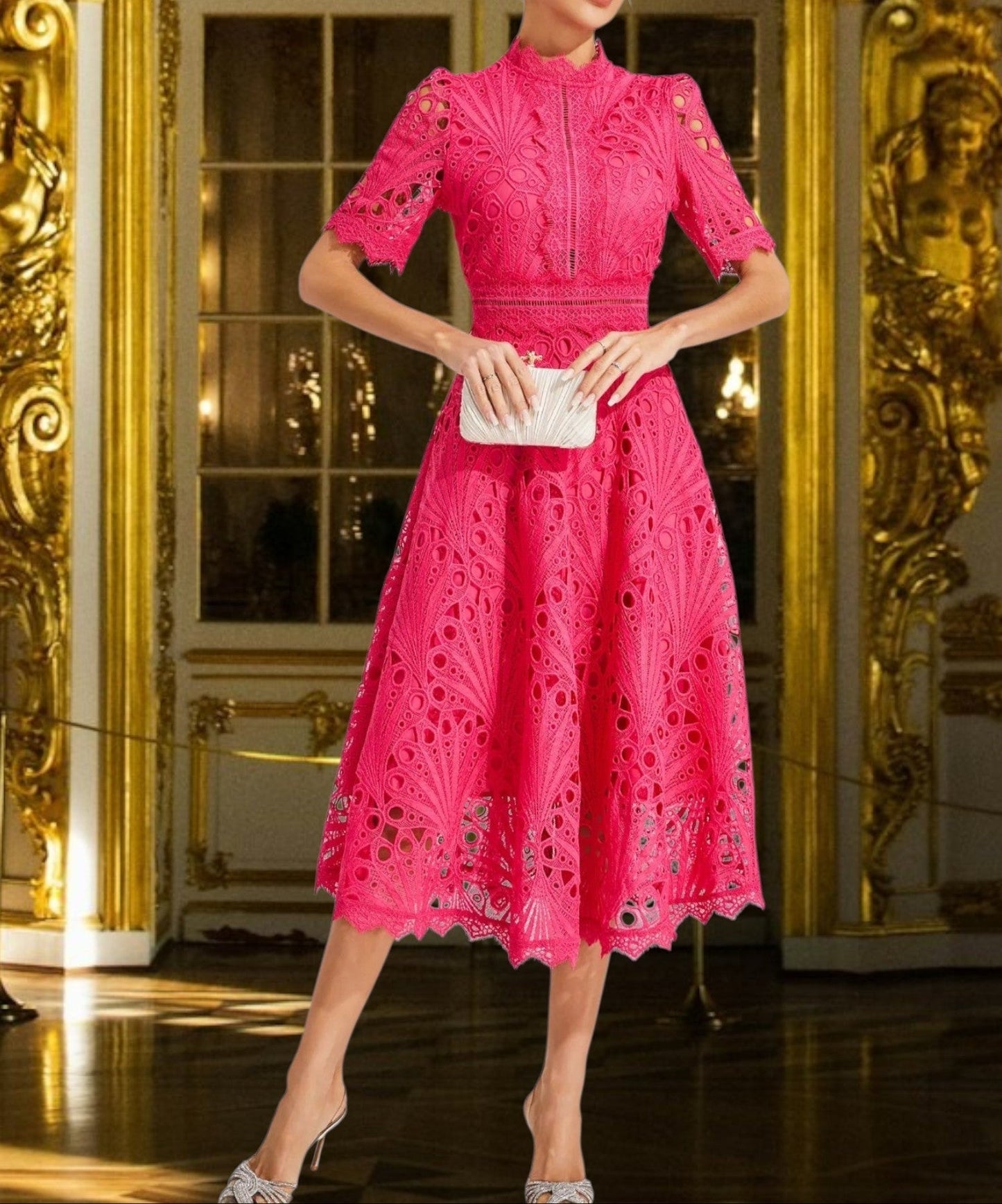 JO | Lace midi dress with flattering round neckline