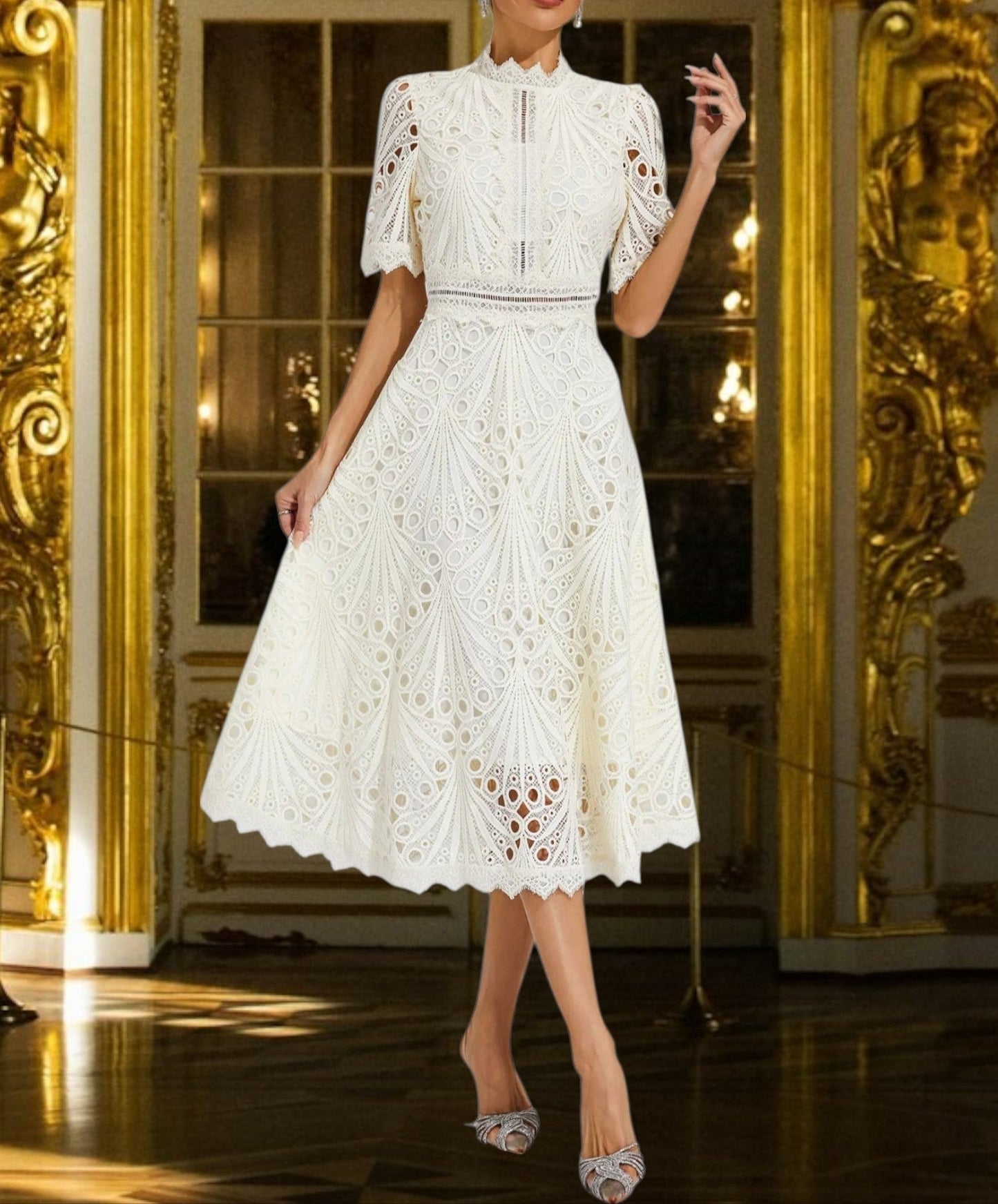 JO | Lace midi dress with flattering round neckline