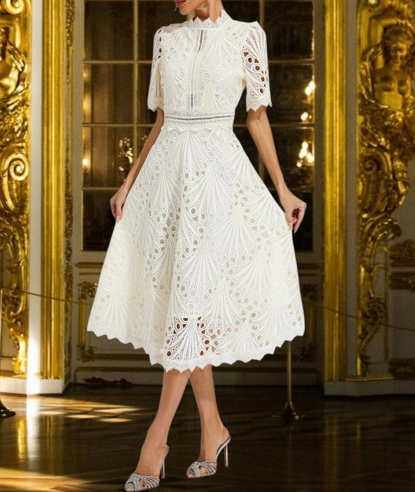 JO | Lace midi dress with flattering round neckline