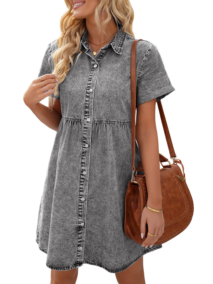 JO | Button Down Belt Pleated Flare A-Line Shirt Midi Dress