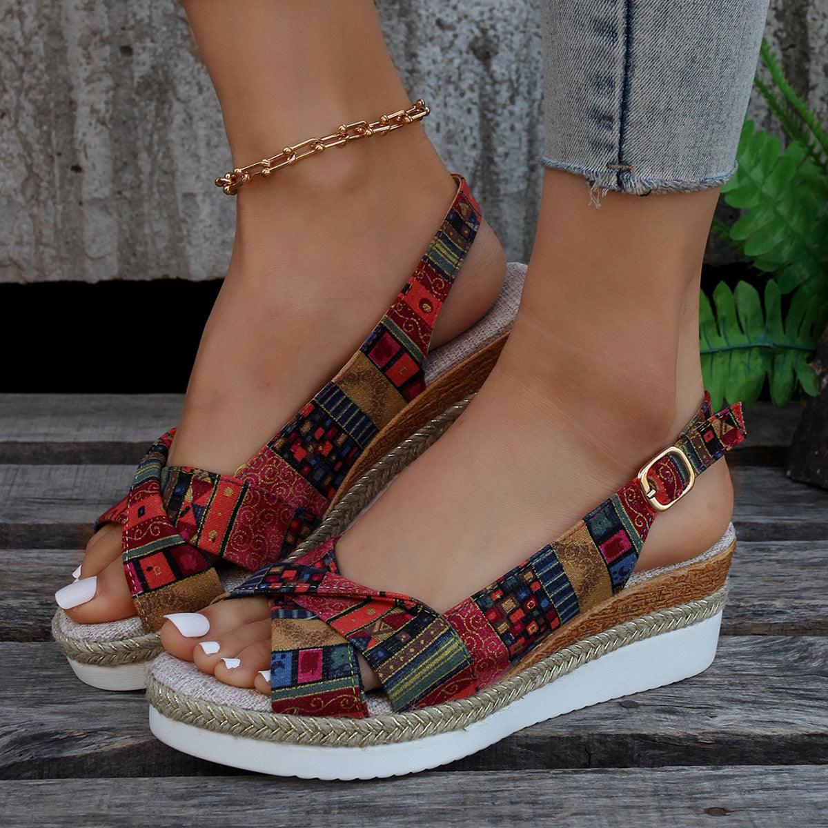 JO | Printed open slingback wedge espadrilles sandals