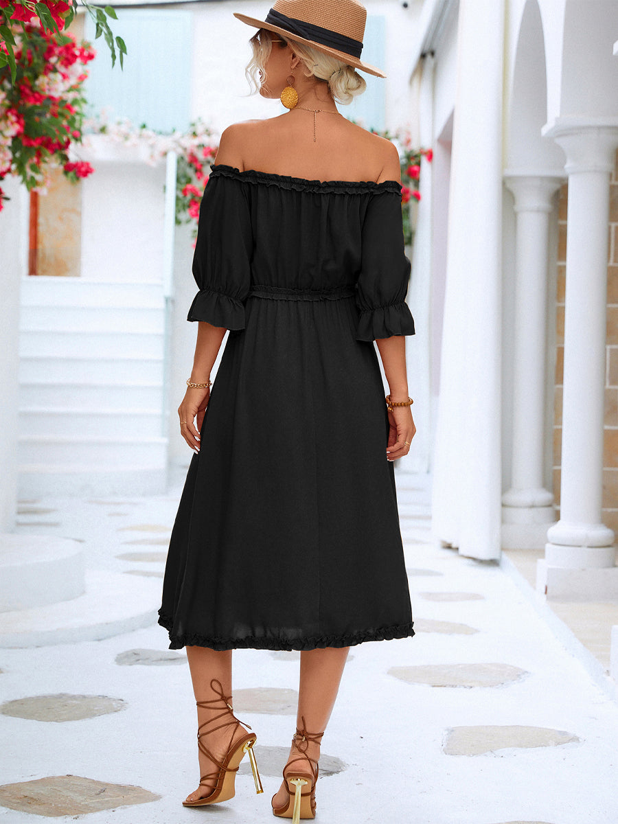 JO | Ruffled off-the-shoulder midi dress with flounce sleeves
