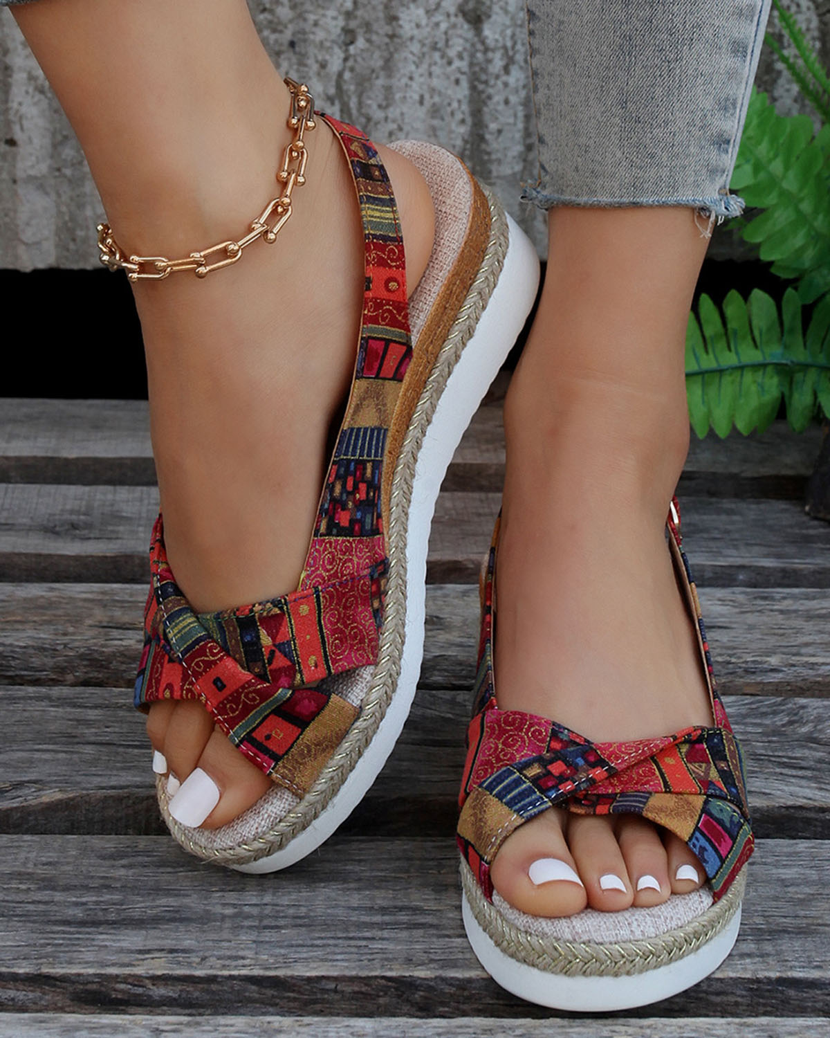 JO | Printed open slingback wedge espadrilles sandals